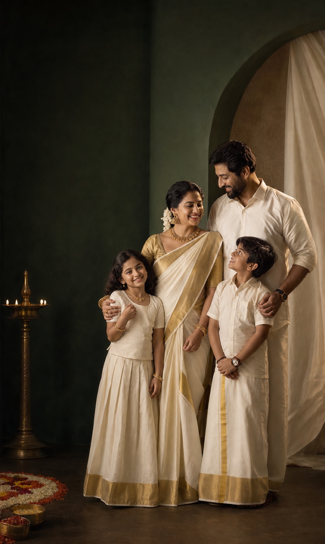 A cinematic Onam family portrait created for the FlickUs 2026 campaign
